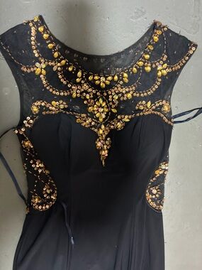 Betsy & Adam Black and Blush Evening Dress with Sheer Overlay